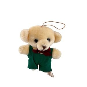 Vintage Applause Teddy Bear 1988 Ornament Green Overalls Red Bowtie Christmas